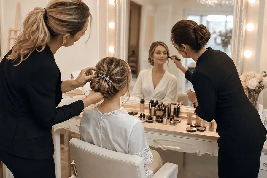 Descubre cómo un maquillaje elegante y un peinado sofisticado pueden transformar tu boda, resaltando tu belleza natural con nuestro toque profesional.